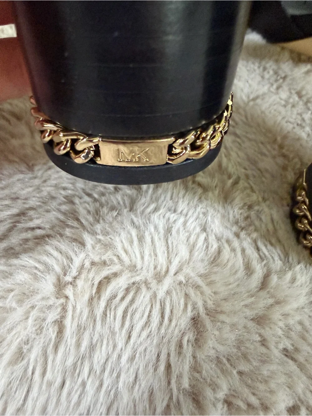 Michael Kors Black Peep-Toe Block Heels with Gold Zip & Chain Trim
